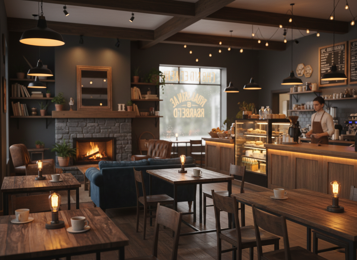 A super cozy coffee shop interior with warm ambient lighting, dark tones, wooden tables, soft shadows, a welcoming atmosphere, cinematic mood, shallow depth of field, slightly blurred background to keep text readable, high quality, landscape orientation